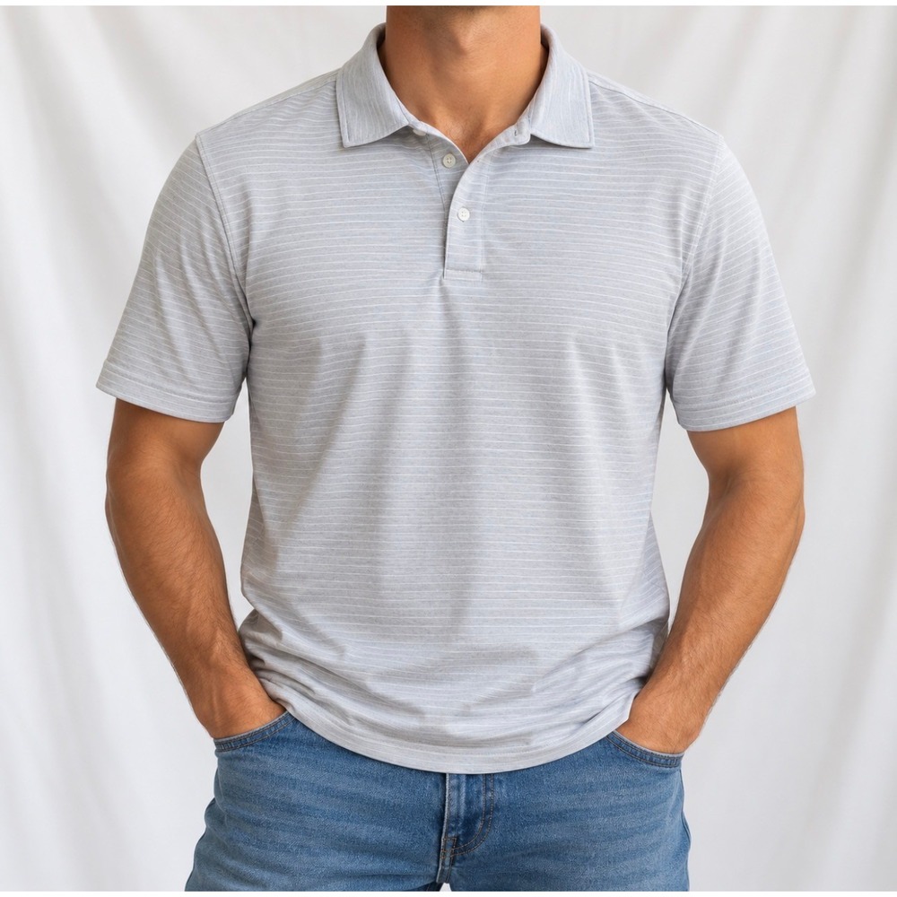 MLB Players Polo Shirt Size M Gray White Good Striped Short Sleeve Performance